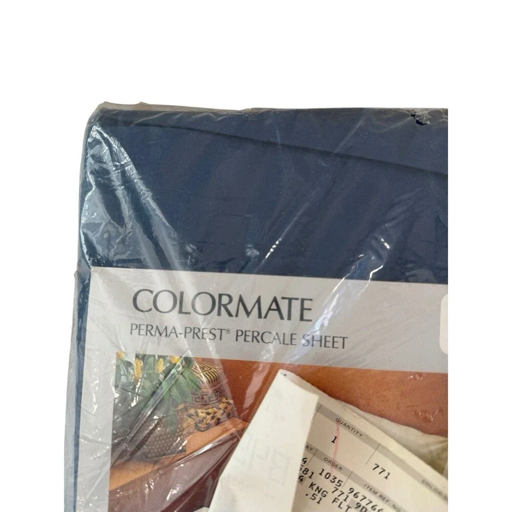 Rare Colormate Perma Prest Percale Sheet King Size Flat Sheet Blue Vintage New